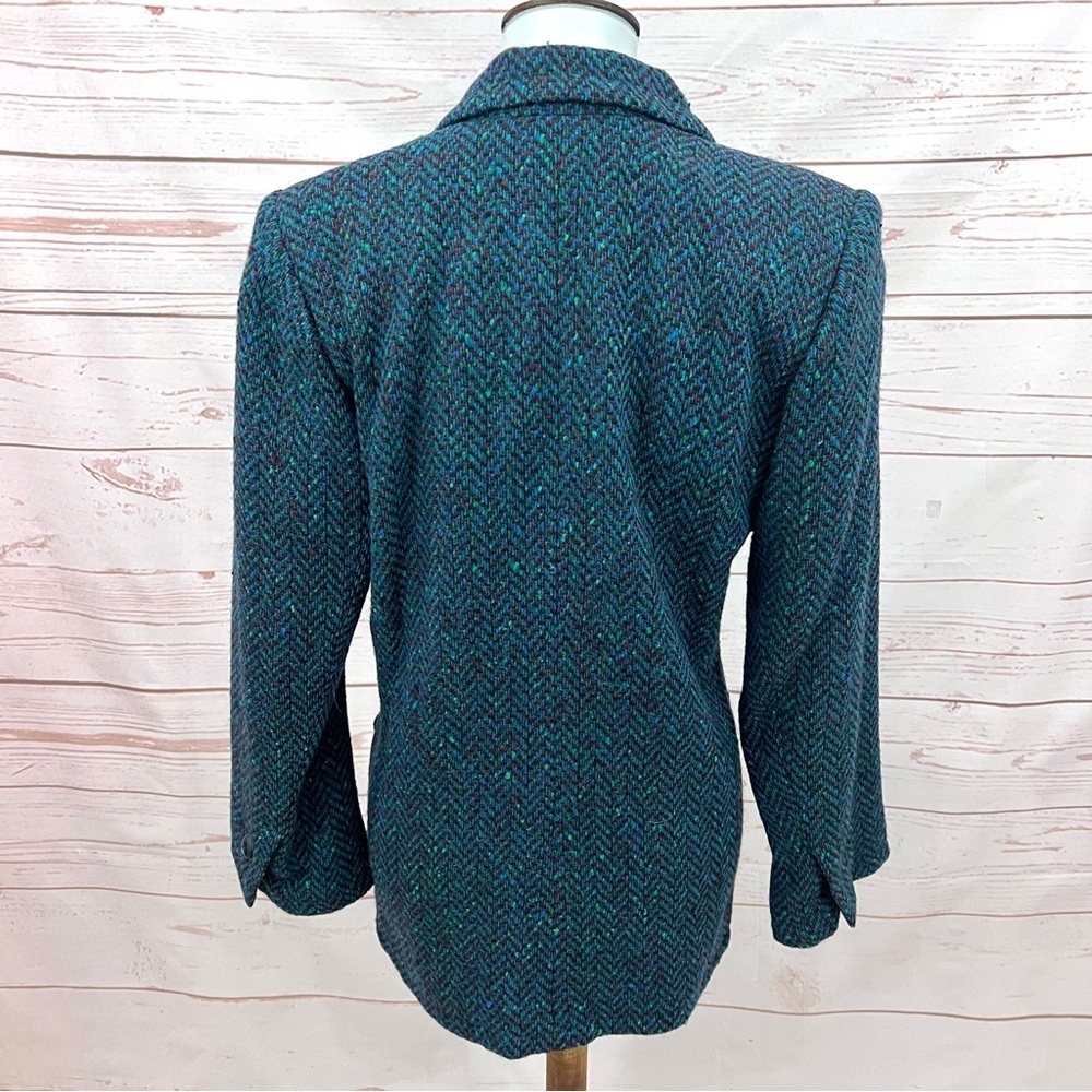 Vintage 80s 90s Saint Laurent Rive Gauche Teal Confetti Tweed Herringbone Blazer - Picture 6 of 11